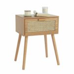 AWASEN Mid Century Nightstand, Rattan Side Table with Drawer, Modern Bedside Table with Storage and Solid Wood Legs for Living Room, Bedroom and