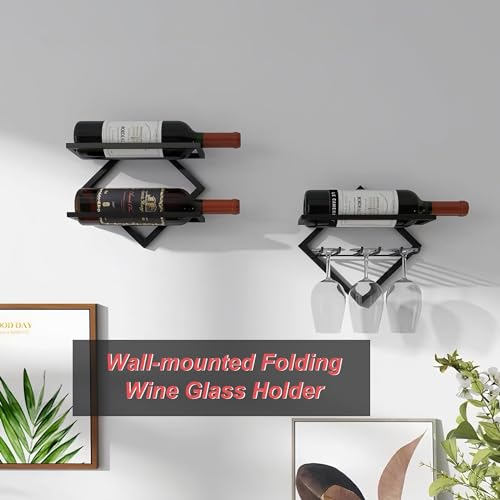 RHBLME 2 Set Metal Wine Glass Holder Wall Mounted, Upgrade Stemware Rack Collapsible Hanging Red Wine Racks Organizer with 3 Stem Glass Holders,