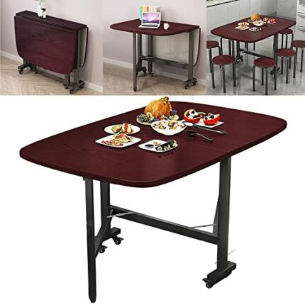 Rukulin Multifunction Table Drop Leaf Dining Table - 47" Solid Wooden Foldable Kitchen Table with 6 Wheels (Red)
