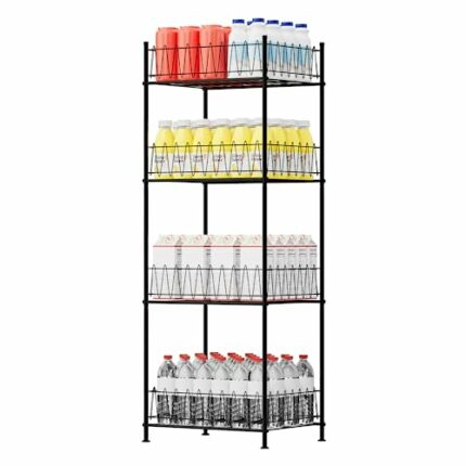 smusei Water Bottle Organizer Rack 4 Tier Free Standing Bottled Water Storage Organizer for Floor, Metal Beverage Soda Can Dispenser Shelf Holder