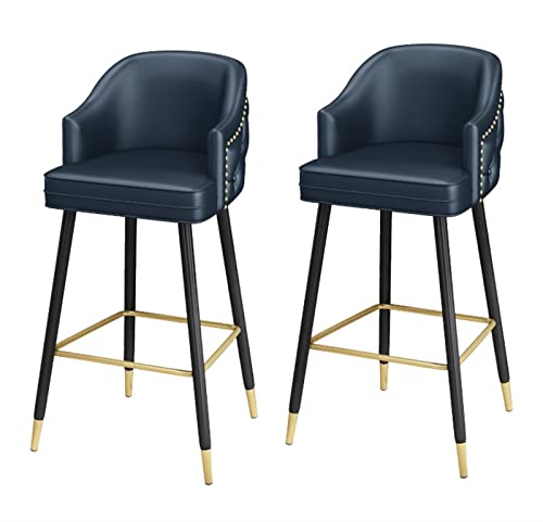 ADEADE 26 Inches Blue High Leather Bar Chairs Barstools Set of 2 Counter Height Upholstered with Nailheads and Gold Tipped Black Metal Legs, Leis