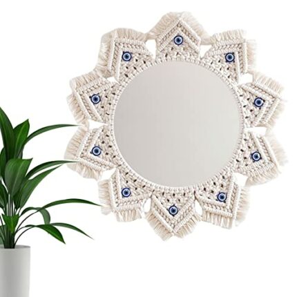 Huaxingda Boho Macrame Wall Mirror | Wall Macrame Mirrors with Fringe,Handmade Woven Wall Decor with Mirror, Bohemia Macrames Round Frame Wall Mi