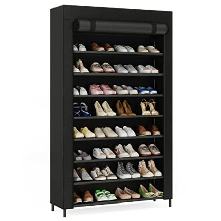 Tribesigns Shoe Rack,9 Tier Shoes Storage Rack Organizer with Nonwoven Fabric Cover,Shoe Storage Shelf for 40-50 Pairs of Shoes,Black Tall Shoes