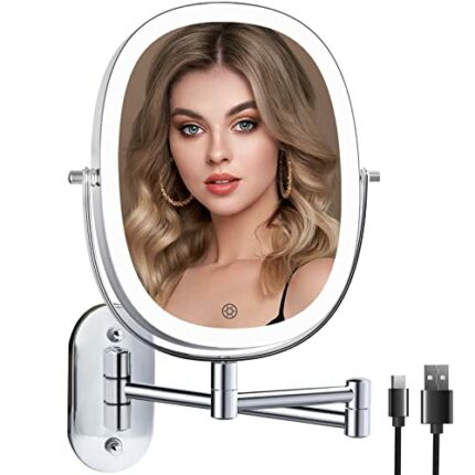 Rechargeable Makeup Mirror with Light, Double Sided Wall Mounted Lighted Bathroom Mirror with 1X/7X Magnification, 3 Colors Dimmable Lighting,Ext