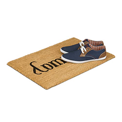 Relaxdays Doormat Come In / Go Away Coir Floor Mat with PVC Anti-Slip Underside Coconut Fiber Welcome Mat, Natural