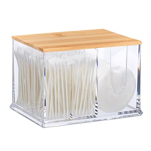 Relaxdays Cotton Swab Storage Box, Acrylic Lidded Organiser, Stick Bathroom Dispenser, Various Sizes, White/Brown