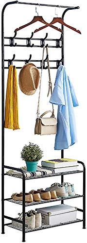 FAiruo Coat Rack With 16 Hooks, Metal Coat Rack With 3-layer Shoe Rack Bench, Free Standing Coat Rack, Corridor Storage Rack