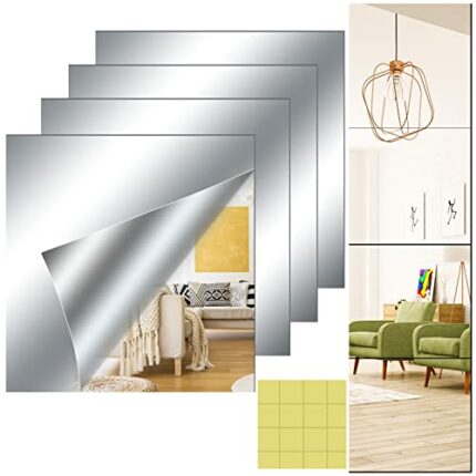 Jognee Pack of 4 Self-Adhesive Mirrors, 20 x 20 cm, Self-Adhesive Flexible Mirror, Non-Glass, DIY Acrylic Wall Decoration, Decorative Mirror, Fra