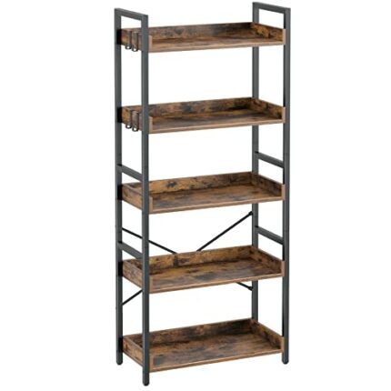 Rolanstar Bookshelf 5 Tier with 4 Hooks, Industrial Wood Bookcase, Vintage Storage Rack with Open Shelves, Rustic Standing Bookshelves Display Ra