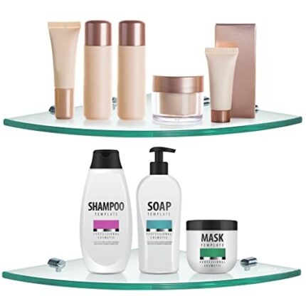 Skelang 2Pcs Glass Bathroom Shelf Wall Mounted 292×292mm, Shower Caddy with 8 Brackets, 8mm Thick Tempered Glass Corner Shelf for Cloakroom, Kitc