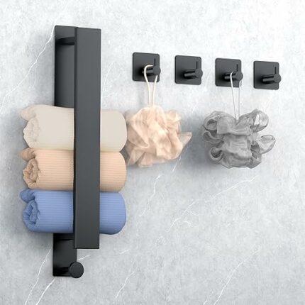 Towel Rail Wall Mounted with 4 Self Adhesive Hooks, Self Adhesive Towel Rack with Hook, Stainless Steel Towel Holder, Bathroom Accessories Towel