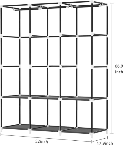 LOKEME Portable Closet, Portable Closets for Hanging Clothes with 3 Hanging Rods and 6 Storage Shelves and 4 Side Pockets, Black Wardrobe Closet