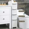 4-Tiers Bathroom Floor Storage Cabinet 8.6'' Small Corner Bathroom Floor Cabinet with Clear Drawers and Casters Waterproof Drawer Cart Storage To