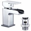 Funime Basin Taps Mixers with Pop-up Waste Slotted Waterfall Bathroom Sink Mixer Tap Square Modern Cloakroom Faucet Monobloc G1/2 Hoses Single Ho
