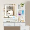 Dradaomull Makeup Vanity with LED Light in 3 Colors, Vanity Table with 4 Shelves and 5 Drawers, Dressing Table with Chair and Adjustable Brightne