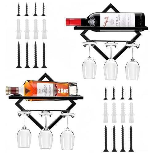 RHBLME 2 Set Metal Wine Glass Holder Wall Mounted, Upgrade Stemware Rack Collapsible Hanging Red Wine Racks Organizer with 3 Stem Glass Holders,