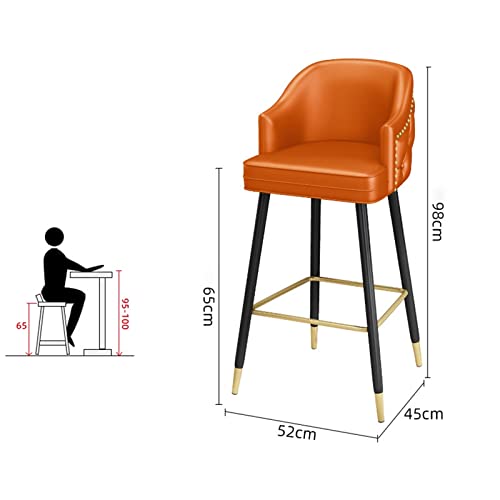 Orange Leather Island High Bar Chairs Barstools Set of 2 Counter Height Upholstered with Nailheads and Gold Tipped Black Metal Legs, Leisure Coun