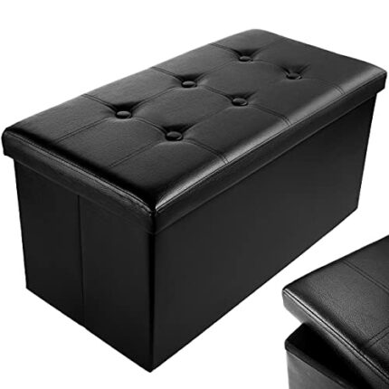 Nyxi Faux Leather 76 * 38 * 38cm Black Ottoman Foldable Storage Boxes Seat Foot Stool Storage Box with Lids for Kids Toys, Bedroom, Hallway, Livi