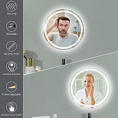 ICYWANG Round Bathroom Mirror with Led Light 400mm lluminated Wall Mounted Vanity Mirror with Demister, 3 Colors Temperature,Touch Switch, Dimmab