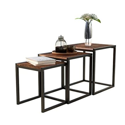 Diahomy Nesting Coffee Table, Set of 3 End Tables, Metal Frame Square Corner End Desk for Living Room Bedroom Office Industrial Style, Rustic Bro