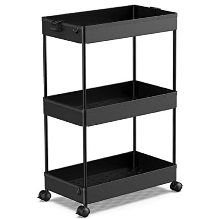 SPACEKEEPER Storage Trolley 3-Tier Slide Out Rolling Utility Cart Storage Shelf Rack on Wheels Multi-purpose Shelving Organizer for Office, Kitch