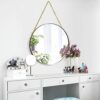 ZeRyan 30cm Round Hanging Mirror, Gold Bathroom Makeup Mirror - Brass Frame with Hanging Chain and Rope