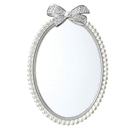 SDFGH Shiny Silver Plating with White Pearls and Rhinestones Ribbon Design Oval Metal Framed Tabletop