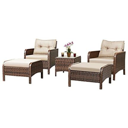 WODMB 5 PCS Rattan Wicker Furniture Set Sofa Ottoman W/Brown Cushion Patio Garden Yard (Color : A, Size : One size)
