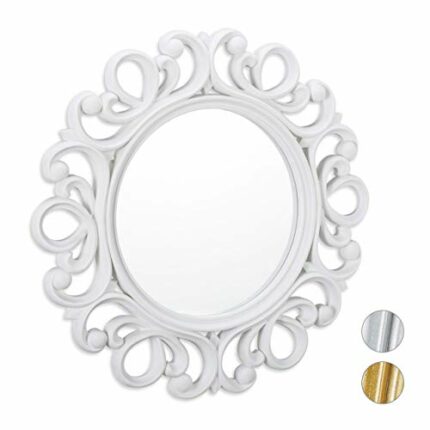 Relaxdays Round Wall Mirror, Decoration for Hallway, Bathroom, Living Room & Bedroom, Frame, Ornament, ∅ 50 cm, White