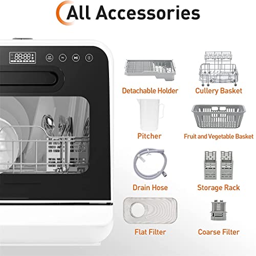 KKYKP Portable Dishwasher Countertop with Built-in Water Tank 5 Washing Programs Air Drying Function for Home and Kitchen (Color : White, Size :