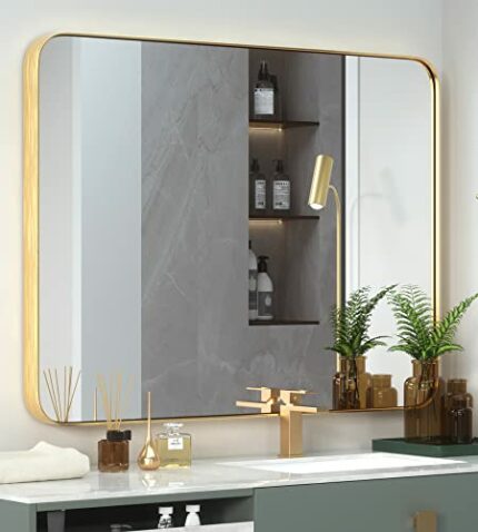 PAIHOME 24x36 Inch Brushed Gold Bathroom Mirrors for Wall, 304 Stainless Steel Frame Vanity Mirror, Rounded Corner Rectangle Farmhouse Mirror, Ve