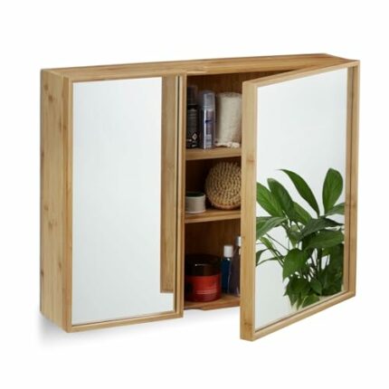 Relaxdays Bathroom Bamboo Mirror Cabinet 2 Doors, Hanging Cupboard, Assembled Wall-Mounted Cabinet H x W x D: 50 x 65 x 14 cm, Natural