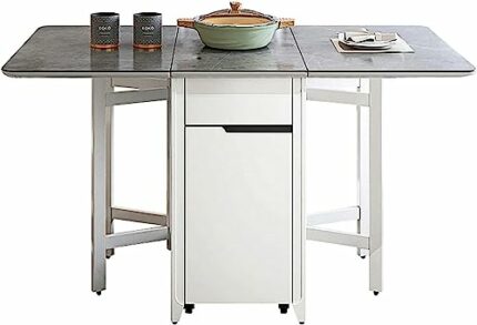 Drop Leaf Kitchen Table, Folding Dining Table, Slate Solid Wood Movable Table, Saving Space Extendable Table, Adjustable Kitchen Desk with Wheels