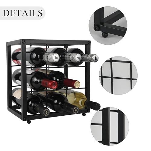 OFILLES Black 9 Bottles Metal Wine Racks, Tabletop Freestanding Wine Bottle Holder, Countertop Wine Rack for Wine Bottle Storage, Pantry, Kitchen