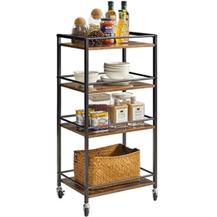 IBUYKE Industrial Bar Carts, Kitchen Storage Serving Cart, Mobile Kitchen Shelf，4 Tier Storage Cart for Bath, Kitchen, Bedroom, Living Room Rusti