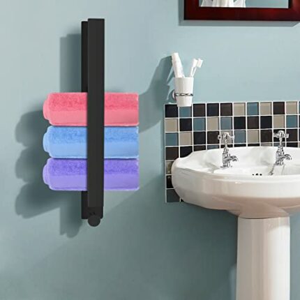 Windspeed Towel Rail, Self Adhesive Towel Holder Wall Mounted with Hook for Towel Storage, Wall Mounted Towel Rail for Bathroom (Black)