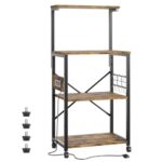 Bestier Bakers Rack with Power Outlet, 4-Tier Kitchen Microwave Stand, Coffee Bar with 6 S-Shaped Hooks, Rolling Storage Shelf Rack with Adjustab