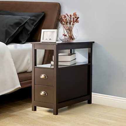 Sunangmas Ultra-thin bedside table with 2 drawers in the bedroom, retro coffee table side table in the lounge area in the living room, and space-