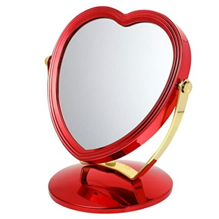 minkissy Heart Mirror Travel Makeup Mirror Rotatable Tabletop Mirror Double Sided Cosmetic Mirror with Base for Bedroom Bathroom Red