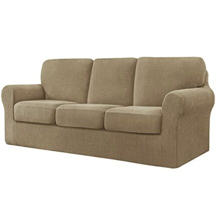 CHUN YI 7 Piece Stretch Sofa Cover, 3 Seater Slipcover with Three Separate Cushions and Backrests, Jacquard Spandex Fabric(3 Seater,Sand)