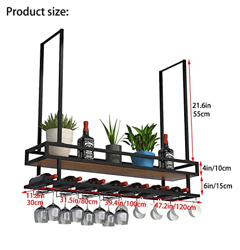 EYLINK Wine Glass Holder, Rustic Ceiling Mount Wine Rack, 2 Tier Hanging Industrial Wine Rack with Guard Rail, Wall Mounted Bottle Holder Glass R