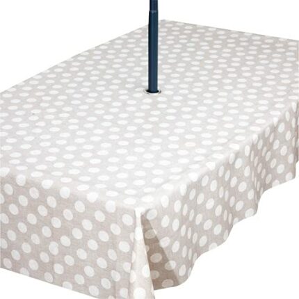 PVC Wipe Clean Wipeable Waterproof Garden Outdoor Tablecloth with Stainless Steel Parasol Umbrella Hole in Lovely Beige and Cream Polka Dot Desig