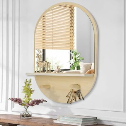 JJUUYOU Wooden Mirror Wall Mirror Wood Framed Wall Mounted, Hanging Oval Mirror Farmhouse Decorative for Bathroom, Living Room, Bedroom, Dorm Hom