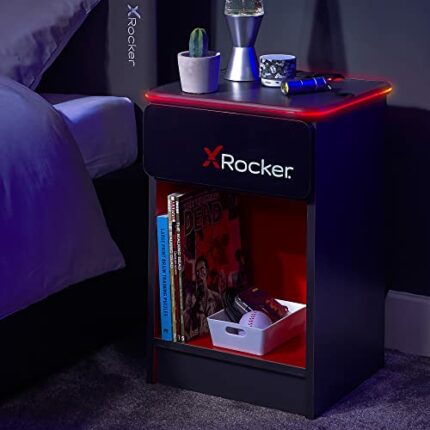 X-Rocker Carbon-Tek Gaming Bedside Table Unit with Built-in Wireless Charging and Ambient RGB Lighting, Gaming Bedroom Furniture Single Side Cabi