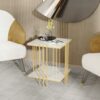 Marble Top Side Table Gold: 2 Tier Square White End Tables 44.5x44.5x55.5cm Sintered Stone Marbles Tabletop Modern Small Bedside with Metal Golde