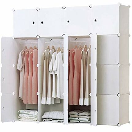 BRIAN & DANY 16 Cubes Clothes Closet, Plastic Wardrobe with Doors & 3 Hangers, Deeper Cubes than Normal (45 cm vs. 35 cm) for Larger Capacity, Wh