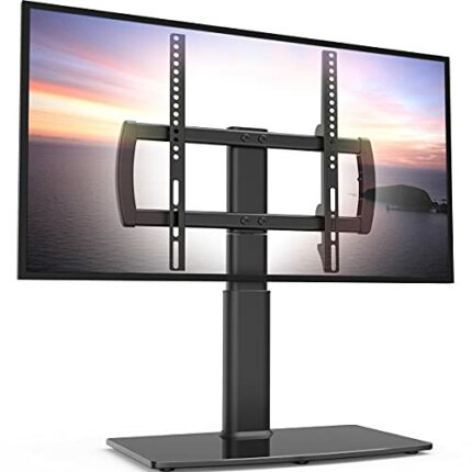 Universal Swivel TV Stand/Base Table Top TV Stand 27 to 60 inch TVs 80 Degree Swivel, 4 Level Height Adjustable, Heavy Duty Tempered Glass Base,