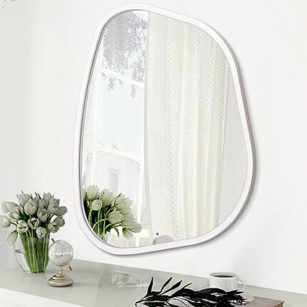 Irregular Oval Wall Mirror Large White 50 x 40CM Inches Asymmetrical Mirror Modern Wood Frame Unique Shape Wall Mounted Vanity Artistic Mirror De