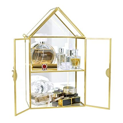 Smilkat Bathroom Wall Glass Cabinet for Perfume, Small Display Cabinets with Doors Storage Mounted, 2 Tiered Gold Curio Mirror Cosmetics Perfumes