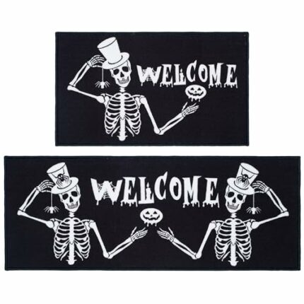 Beyond Your Thoughts Halloween Kitchen Rug Mat Set 2023 New Non Slip Decorative Skeleton Black White Soft Floor Mat for Kitchen Bedroom Indoor Ha